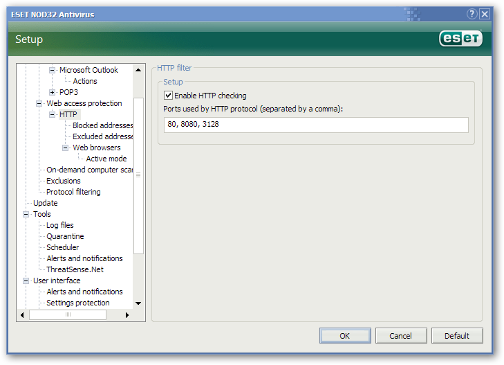 ESET NOD32 Anti-Virus HTTP Options