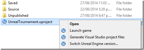 uproject Right Click options